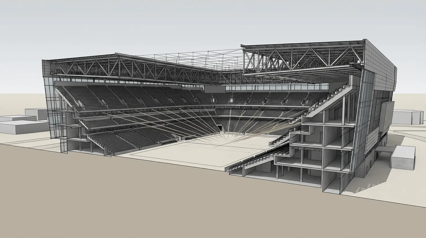 Stadium sectional cutaway rendering showing seating tiers, concourse levels, and roof truss structural framework