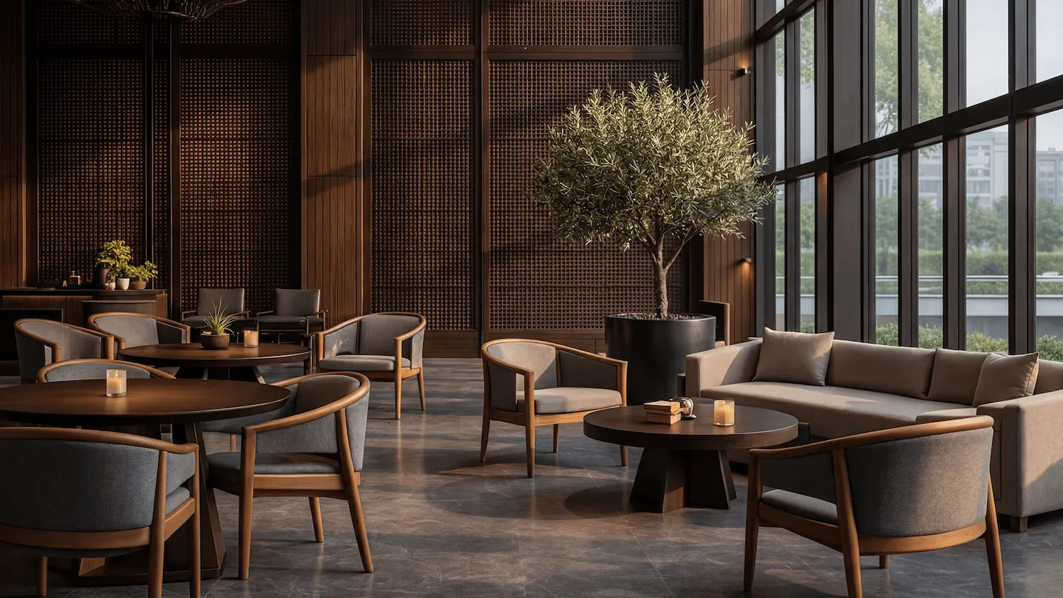 CGI restaurant lounge render showing seating layout and guest comfort spacing