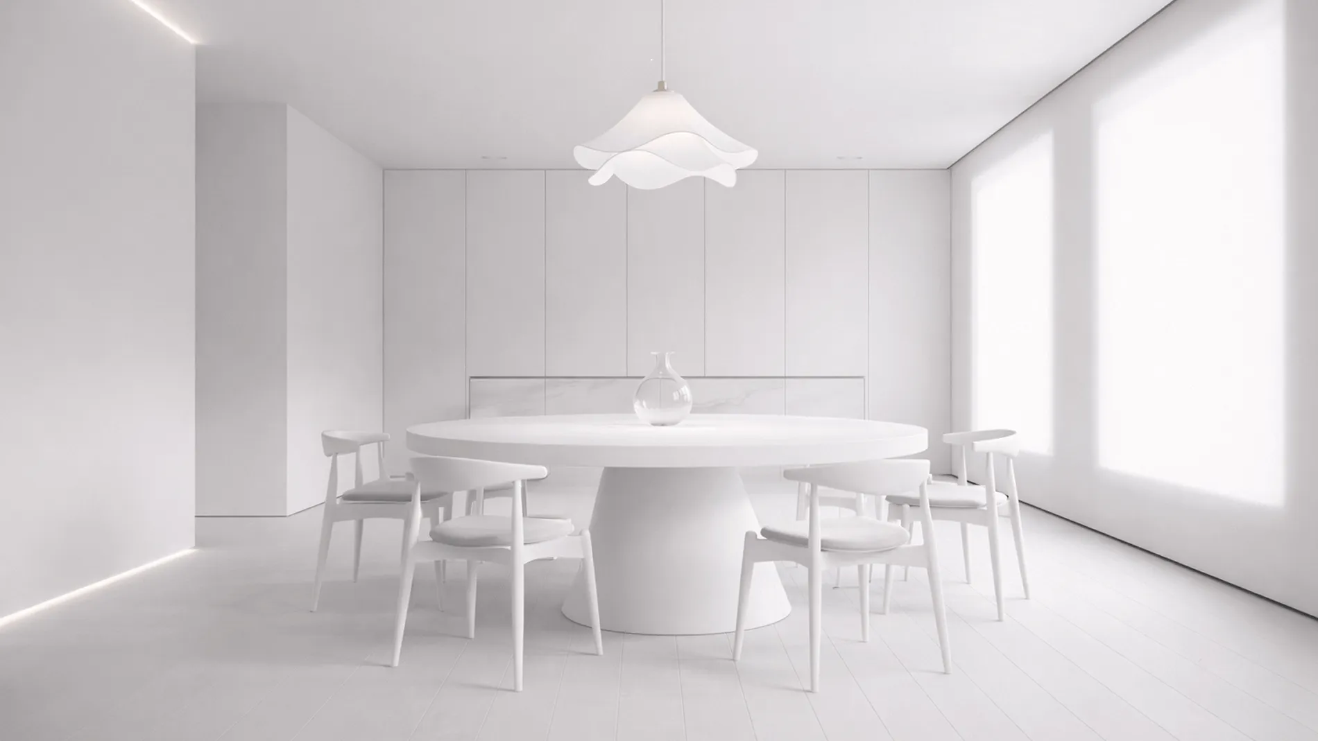 Minimal white interior render showing dining layout and daylight