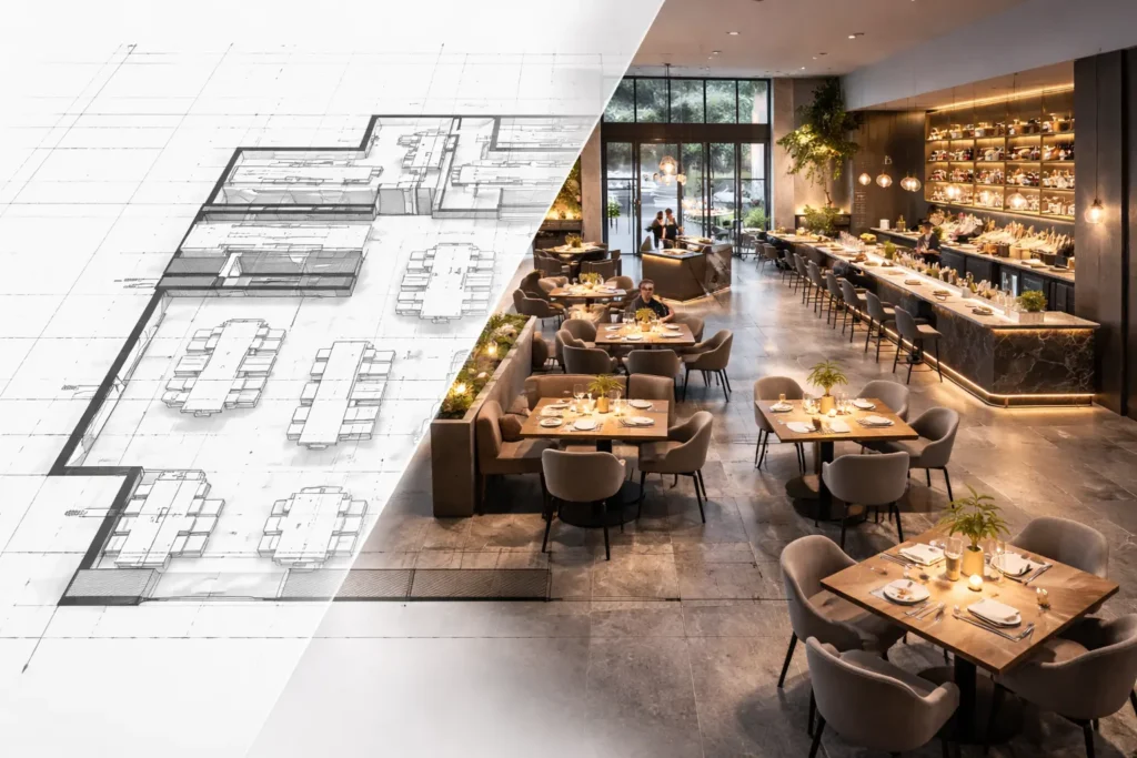 2D restaurant layout plan compared with 3D interior visualization showing dining flow, seating zones, and bar layout