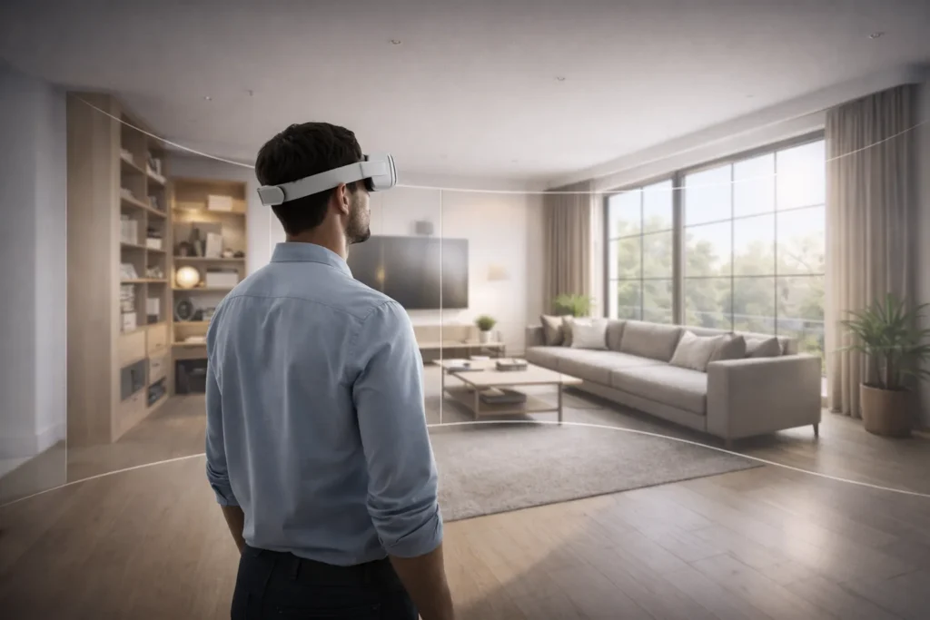Man using VR headset to explore 3D interior rendering of modern living room