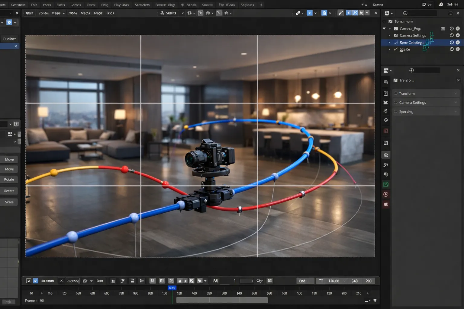 3D architectural walkthrough animation setup showing camera path rig in interior visualization software