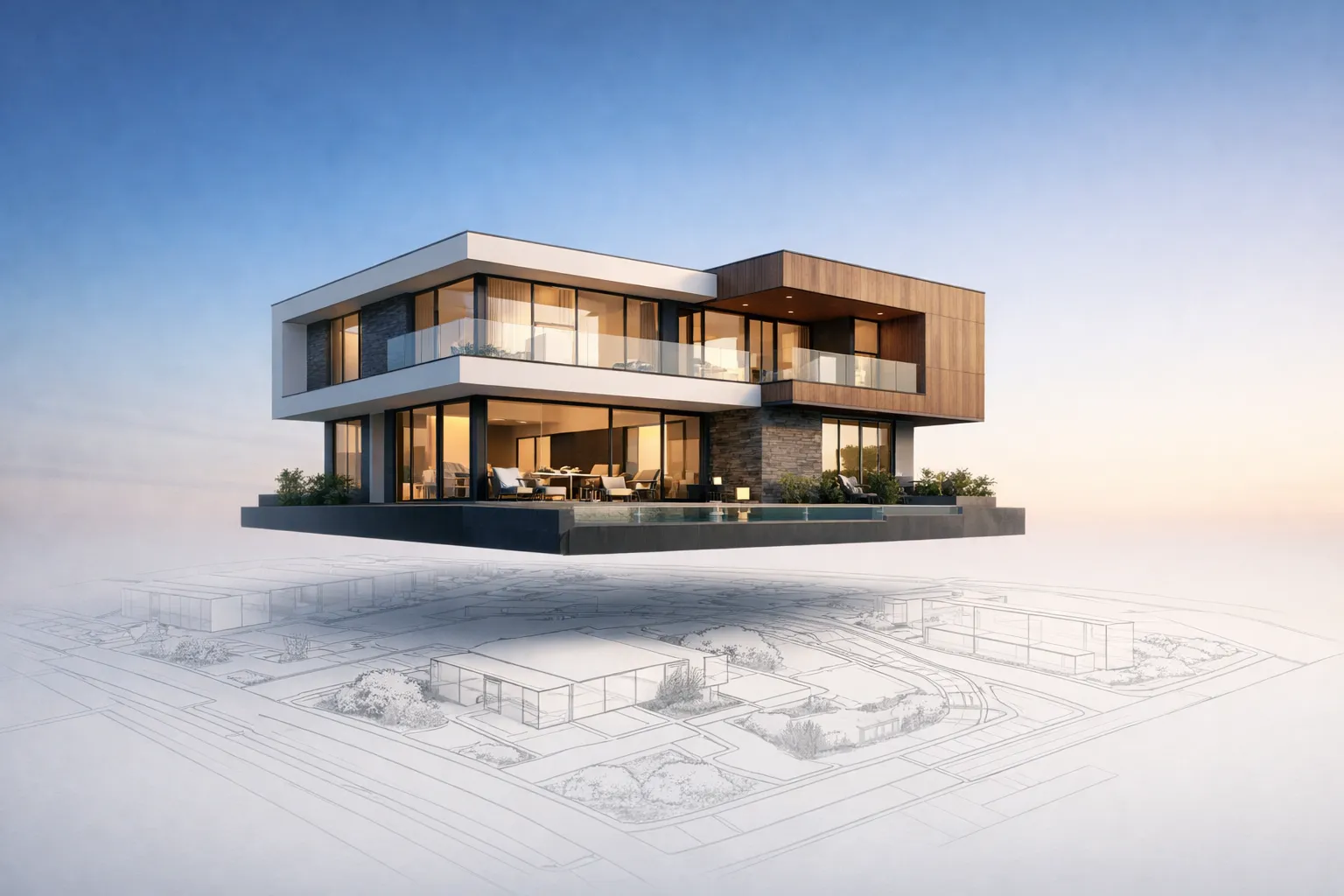 Modern two-story house 3D exterior render above architectural site plan