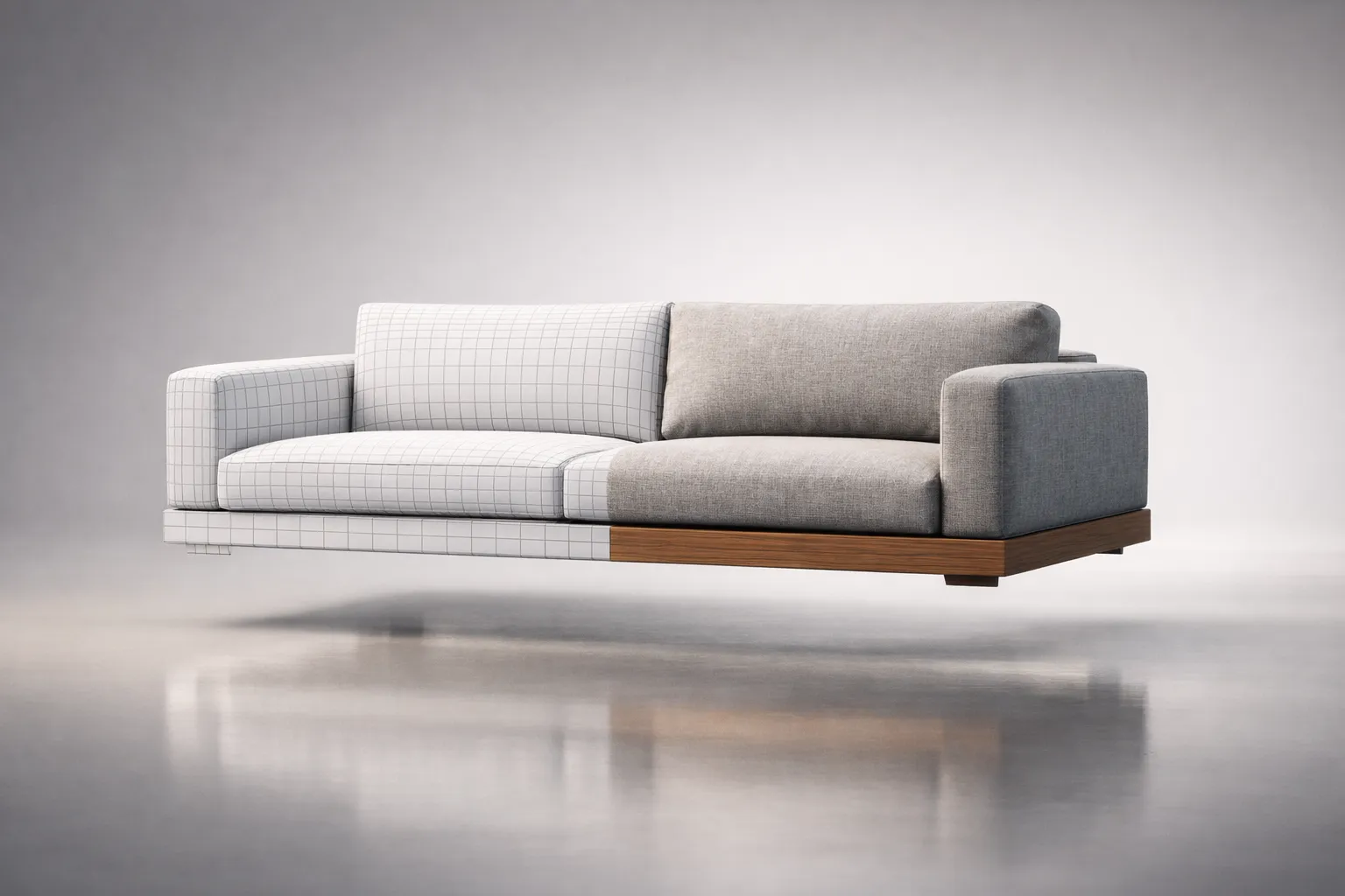 3D rendering of modern sofa, half wireframe and half photorealistic with wood base