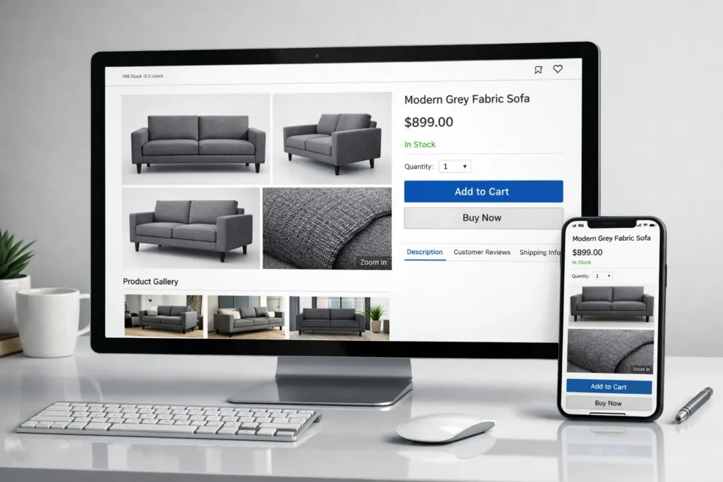 E-commerce product page with 3D rendered grey fabric sofa on desktop and mobile devices
