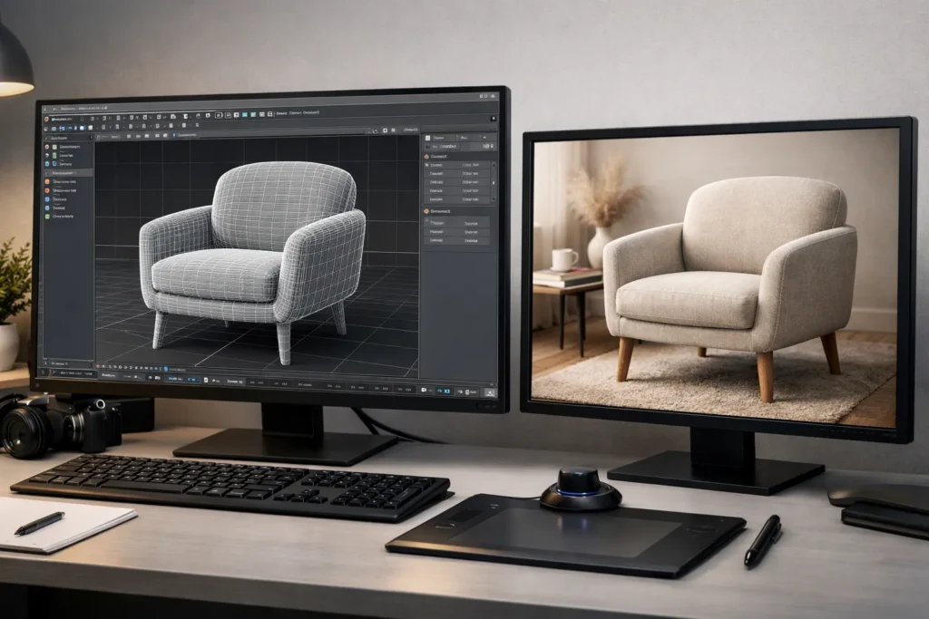 3D furniture rendering workflow showing armchair wireframe model and photorealistic interior render on dual monitors