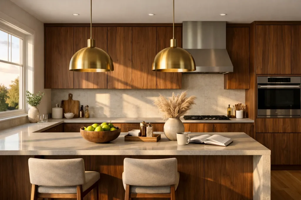 Photorealistic 3D interior rendering of modern kitchen with walnut cabinets and brass pendant lights