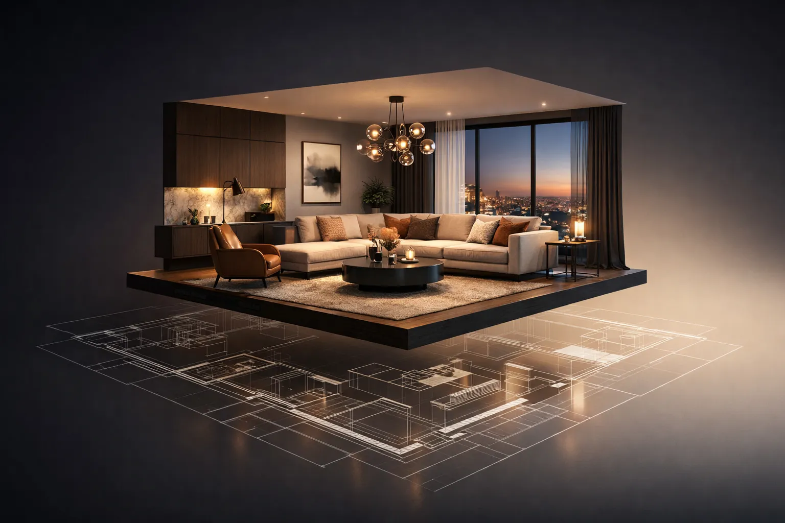 3D interior rendering of modern living room above architectural floor plan blueprint