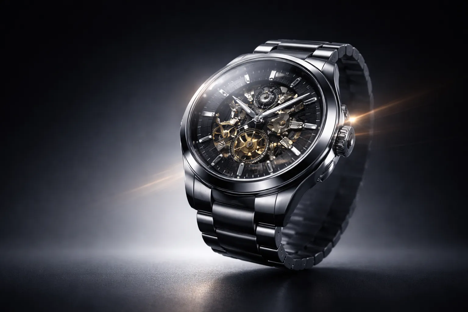 Photorealistic 3D render of a luxury skeleton wristwatch with exposed gears and metal bracelet on dark studio background