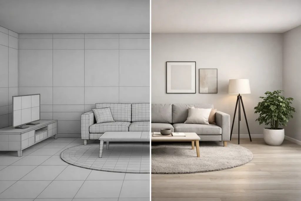 3D interior rendering comparison showing wireframe model and finished living room visualization