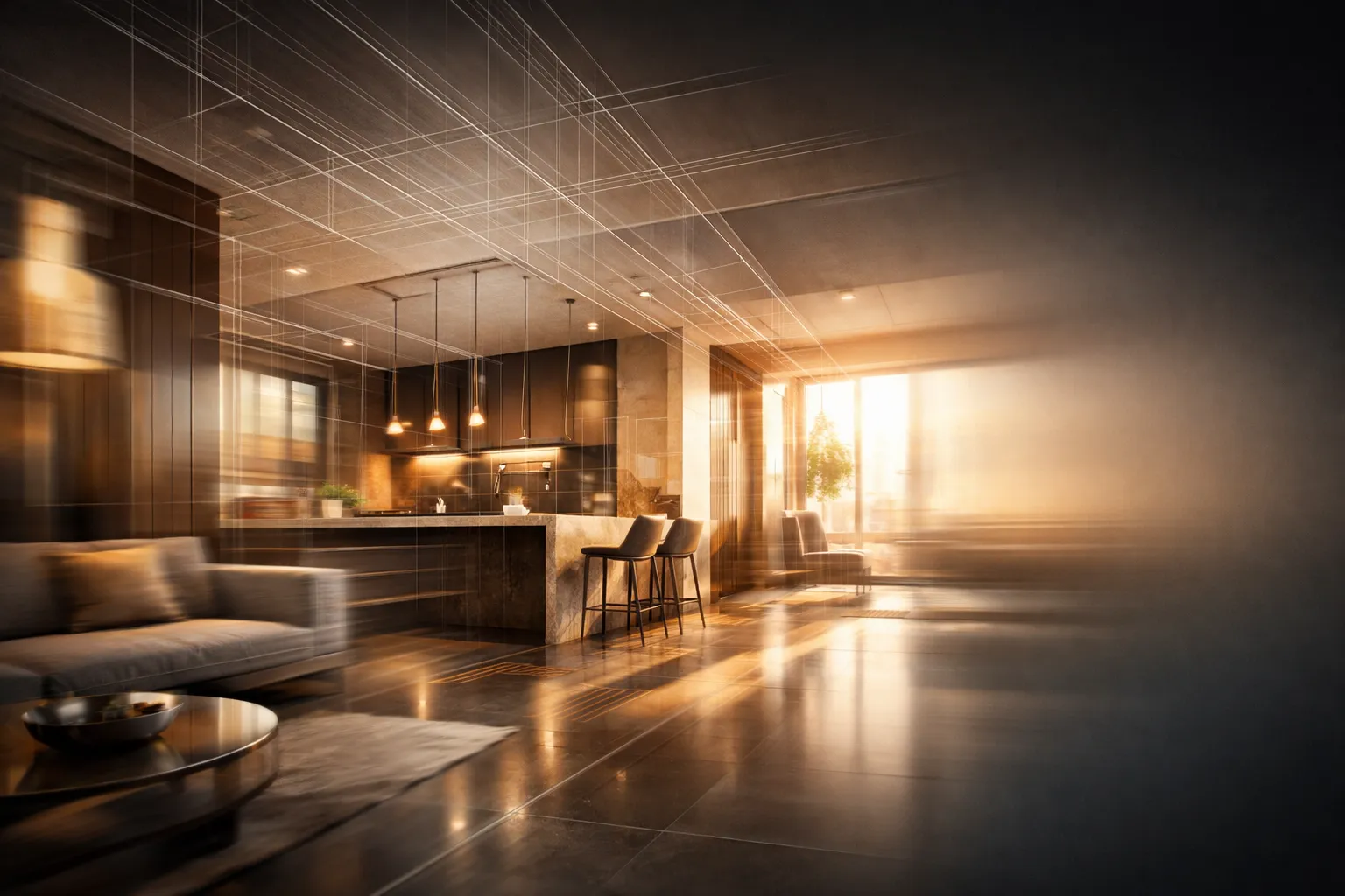 3D architectural walkthrough animation of modern kitchen and living space with lighting grid overlay