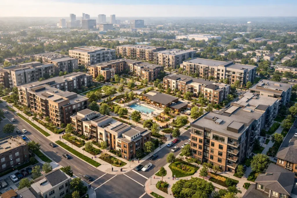 Aerial 3D exterior rendering of modern residential master-planned community