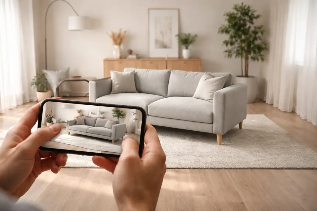 Augmented reality furniture visualization showing 3D sofa in modern living room via smartphone