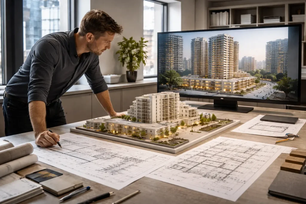 Architect reviewing architectural model and 3D building visualization on screen