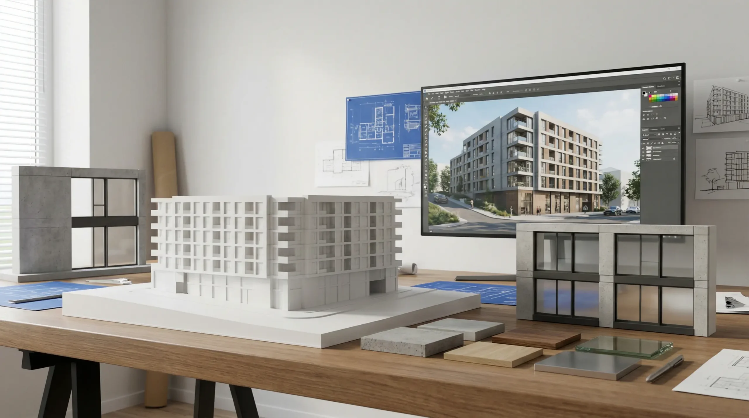 Architectural model with 3D building render on screen for design review