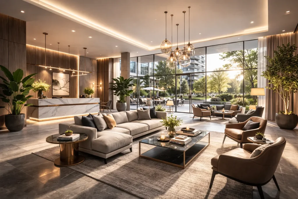 Photorealistic architectural interior render for marketing and leasing presentation