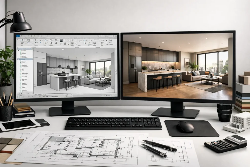 3D interior rendering workflow showing CAD model and finished kitchen visualization on dual monitors