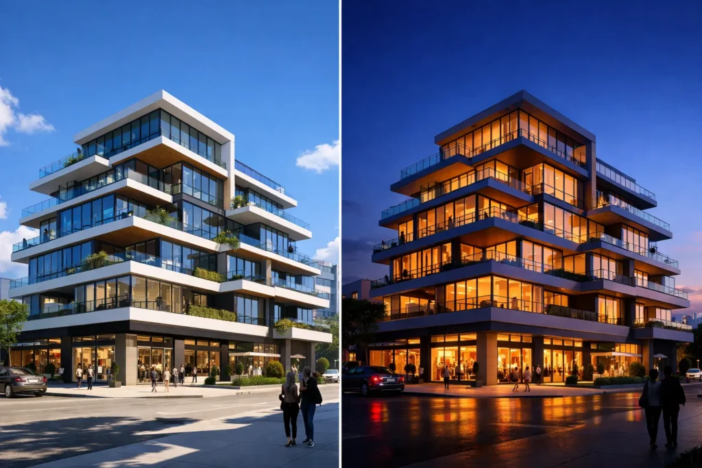Day and night 3D exterior rendering comparison of modern mixed-use building