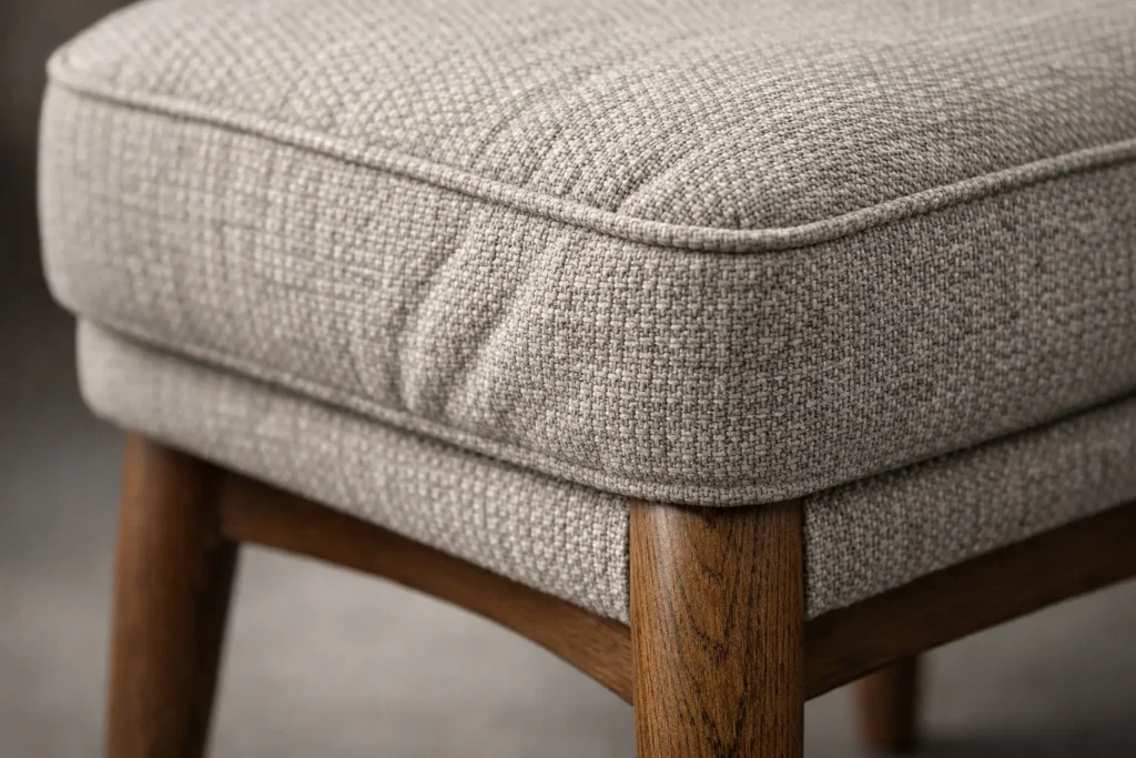 Close-up 3D render of fabric sofa cushion with visible weave texture and wooden leg detail