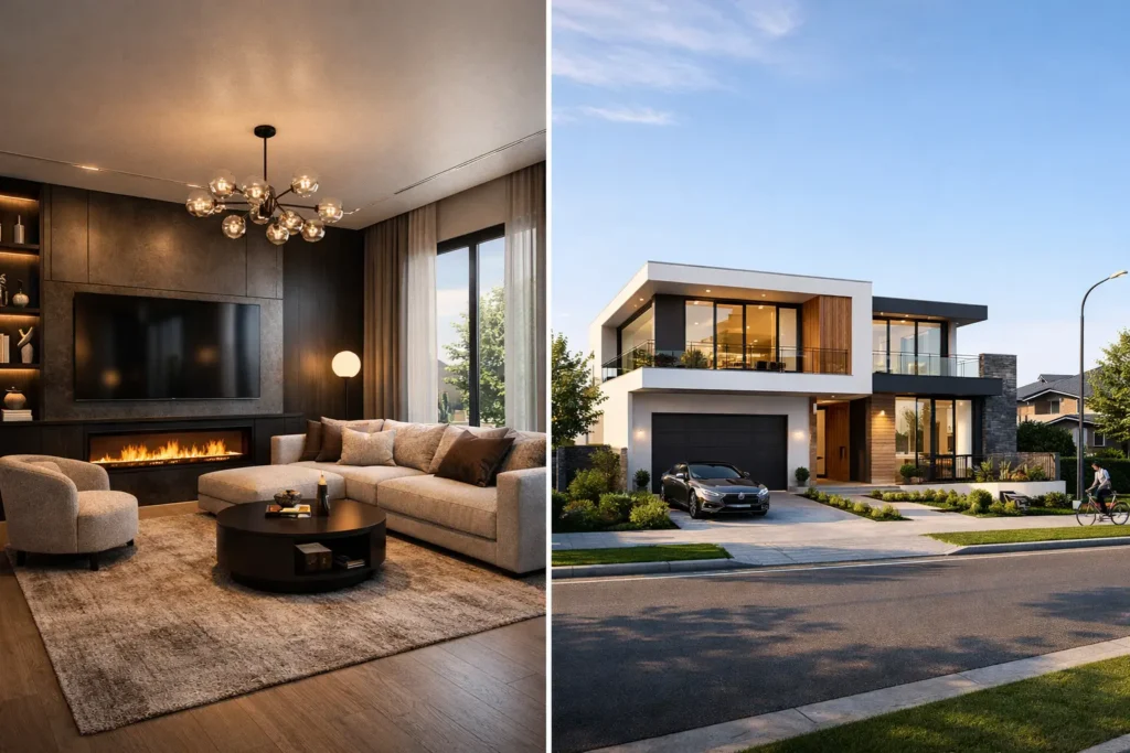 Interior and exterior 3D architectural rendering of modern house with living room and facade view