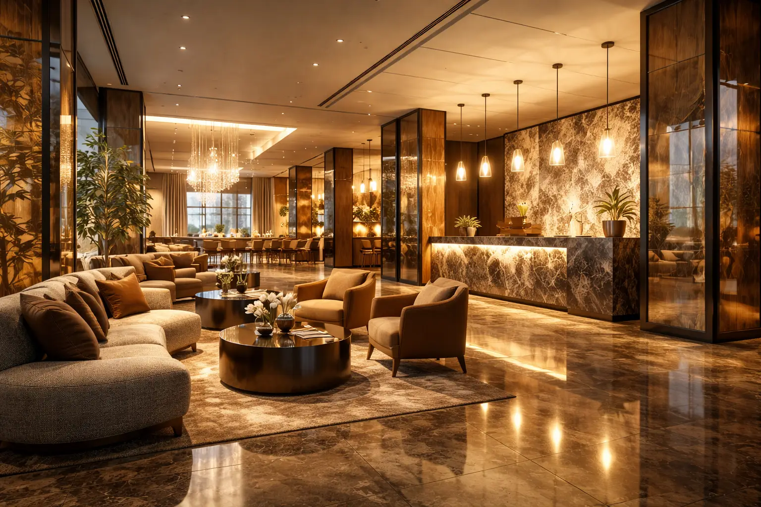 High-fidelity architectural lobby render with detailed lighting and materials