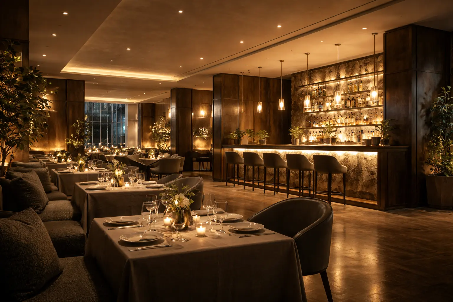 Photorealistic restaurant interior visualization with warm evening lighting