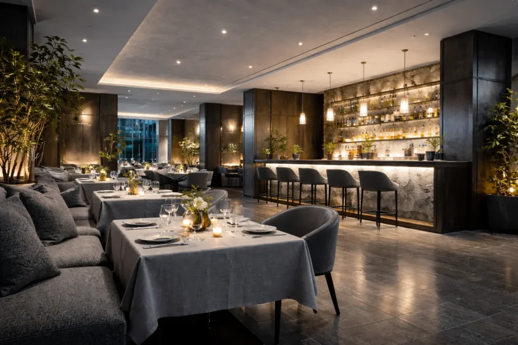 Restaurant interior CGI with cooler lighting and clear material details