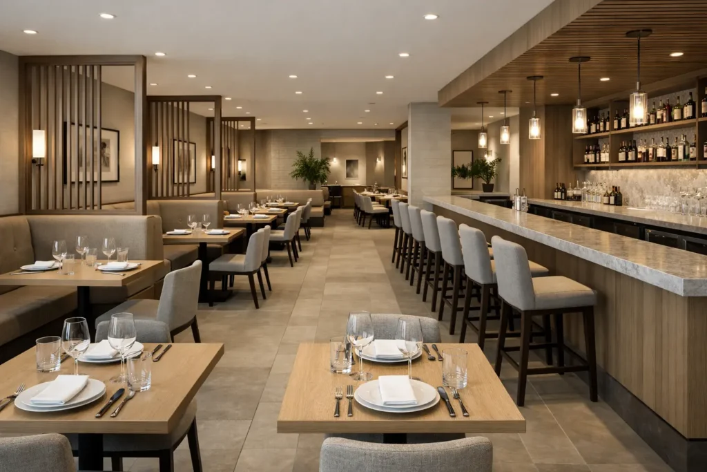 Balanced restaurant interior rendering with bar seating and dining area