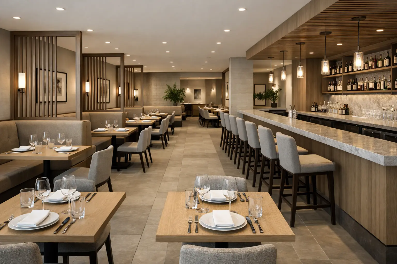 Balanced restaurant interior rendering with bar seating and dining area