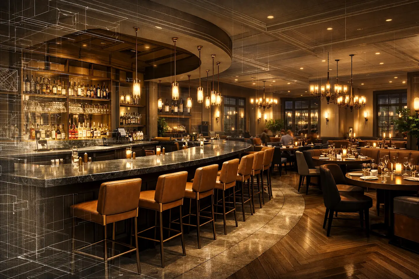 Restaurant interior rendering with design blueprint overlay for concept presentation