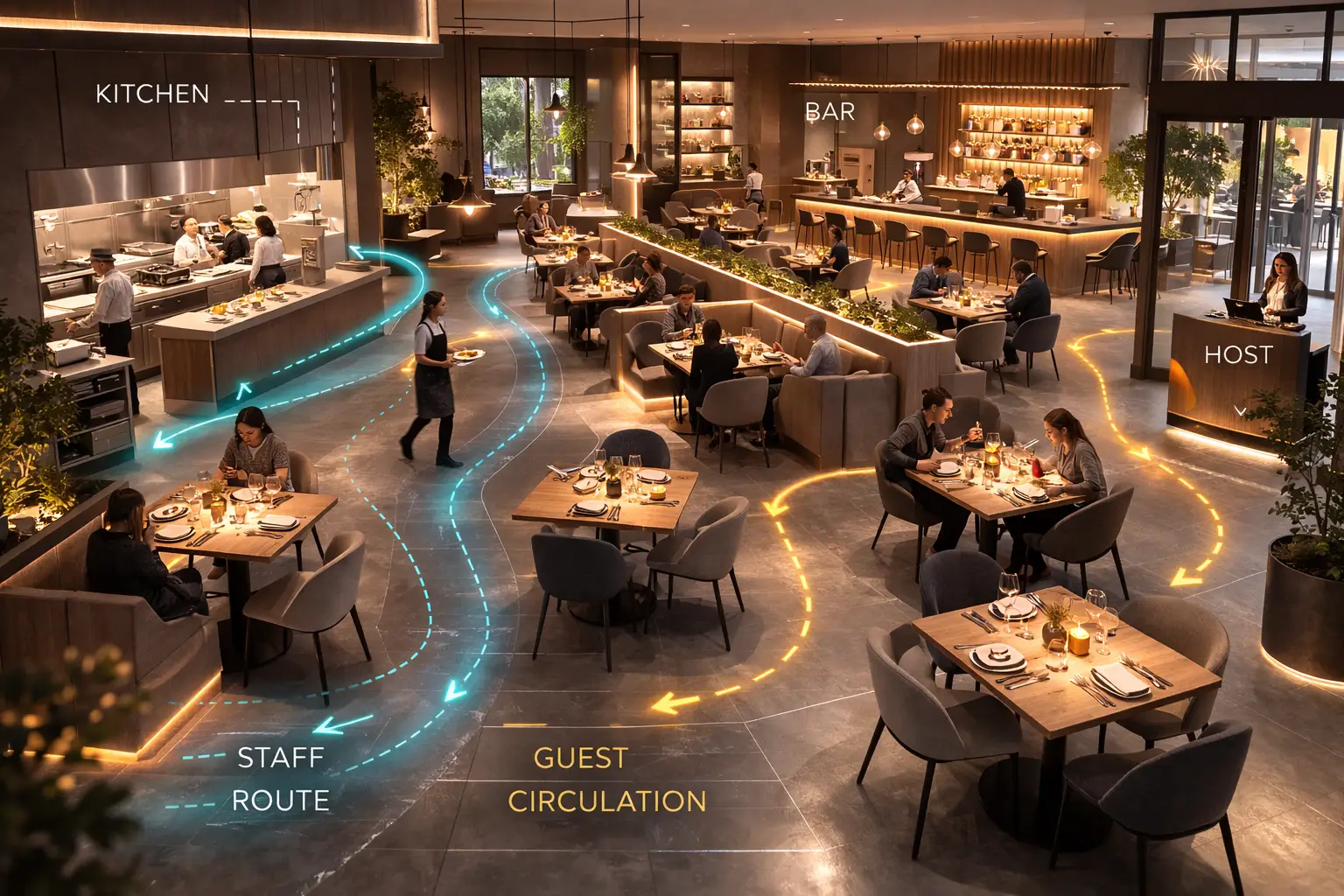 Restaurant layout visualization showing guest circulation and staff workflow paths