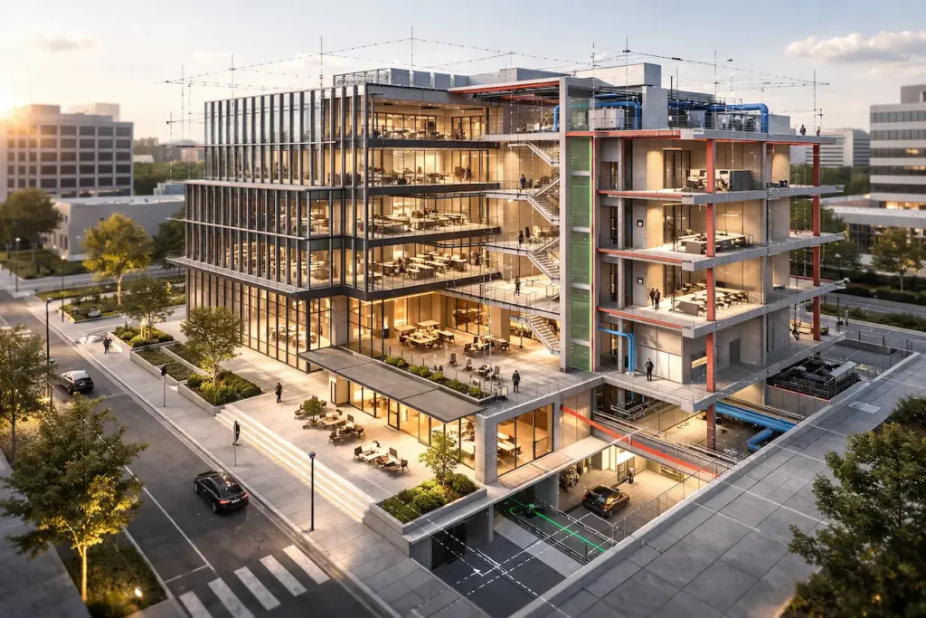 Architectural cutaway visualization showing structural and systems coordination