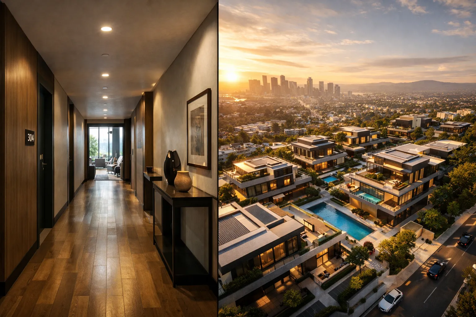 3D architectural walkthrough of modern hallway and aerial flythrough of luxury residential development at sunset