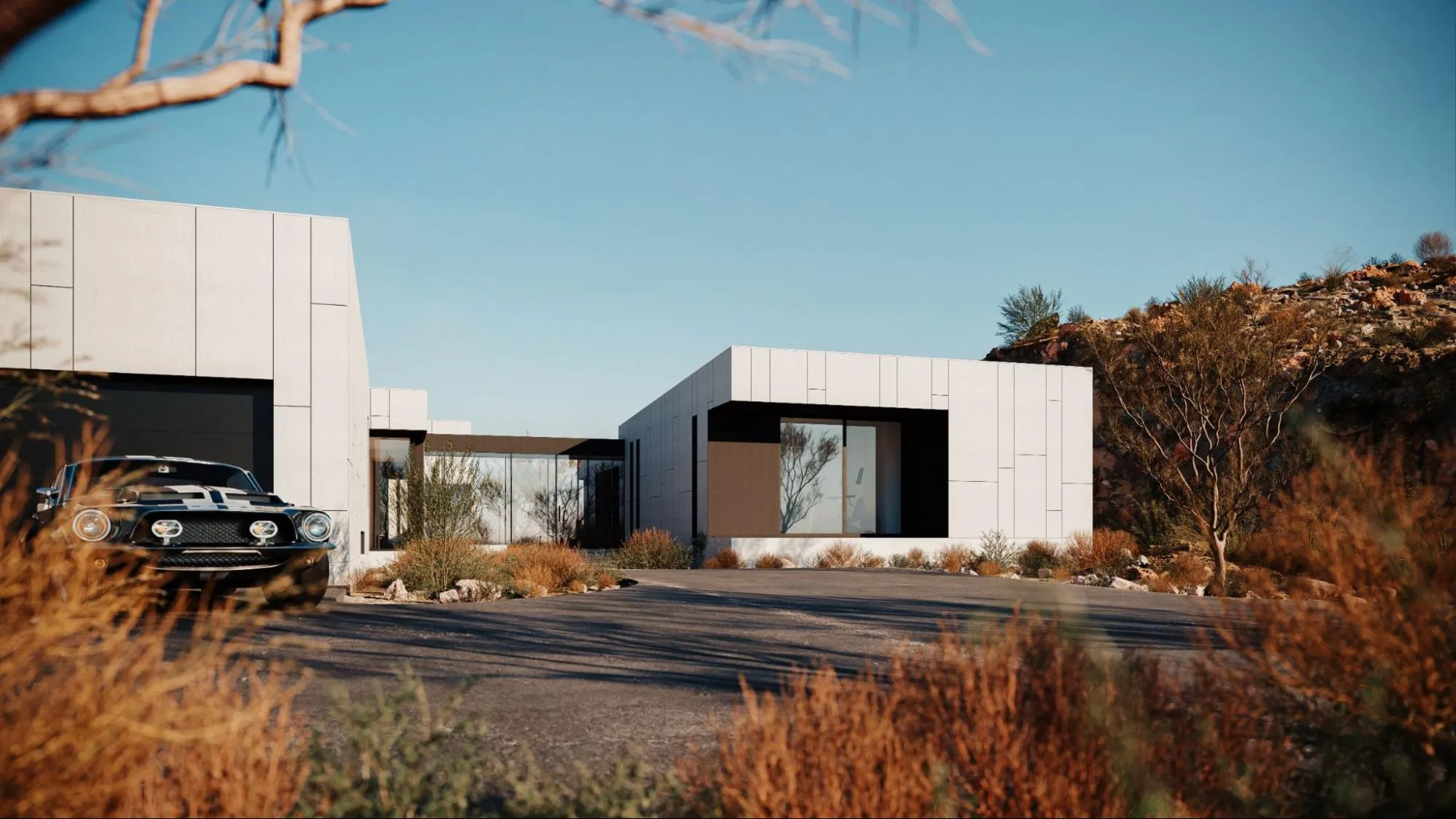 3d exterior rendering of modern california house in desert landscape, image Genense