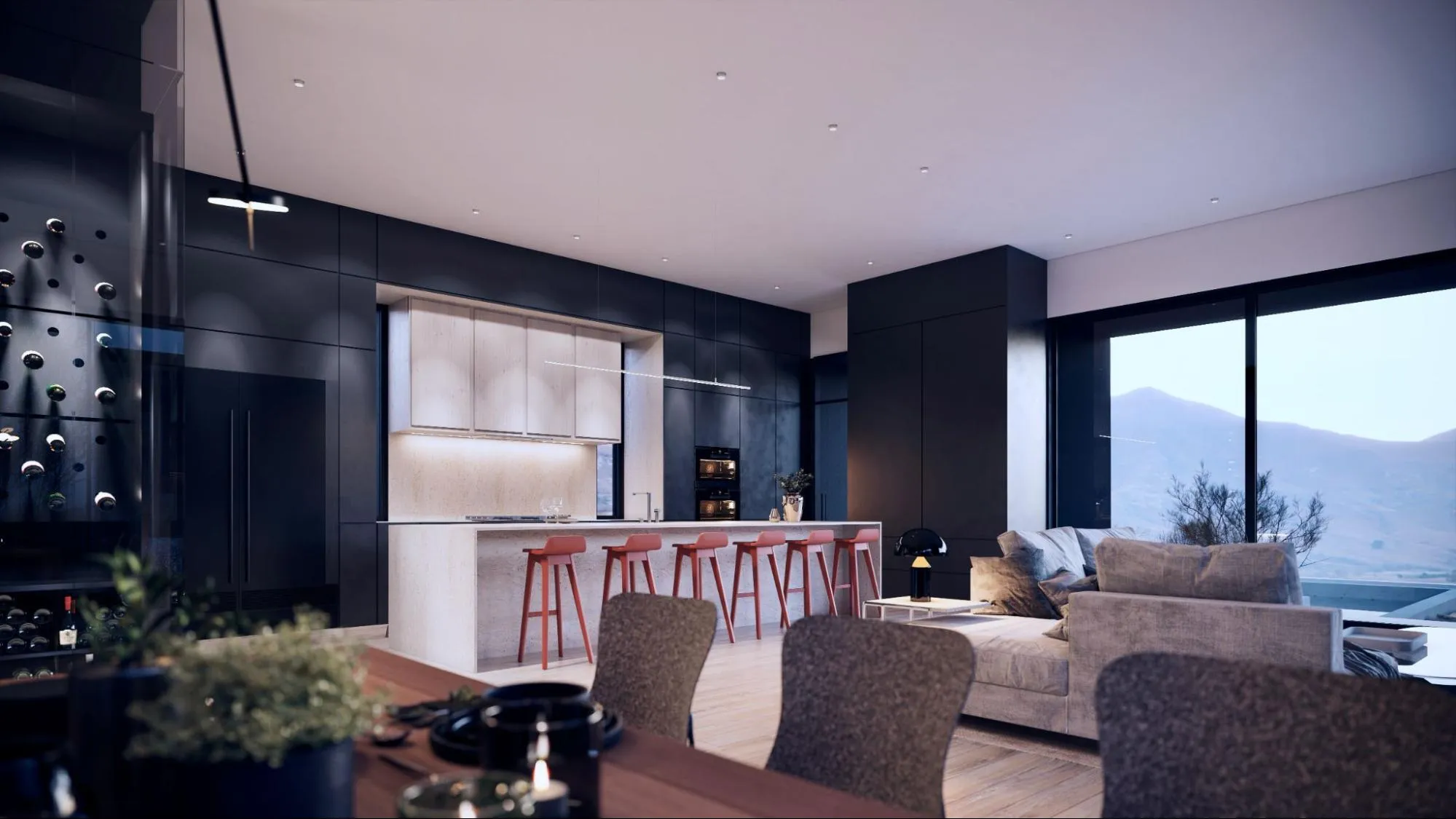 3d interior rendering of modern kitchen and living space with natural light, image by GENENSE