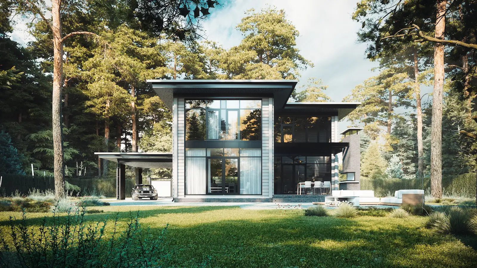 3d residential rendering of modern house in natural landscape setting, image by GENENSE