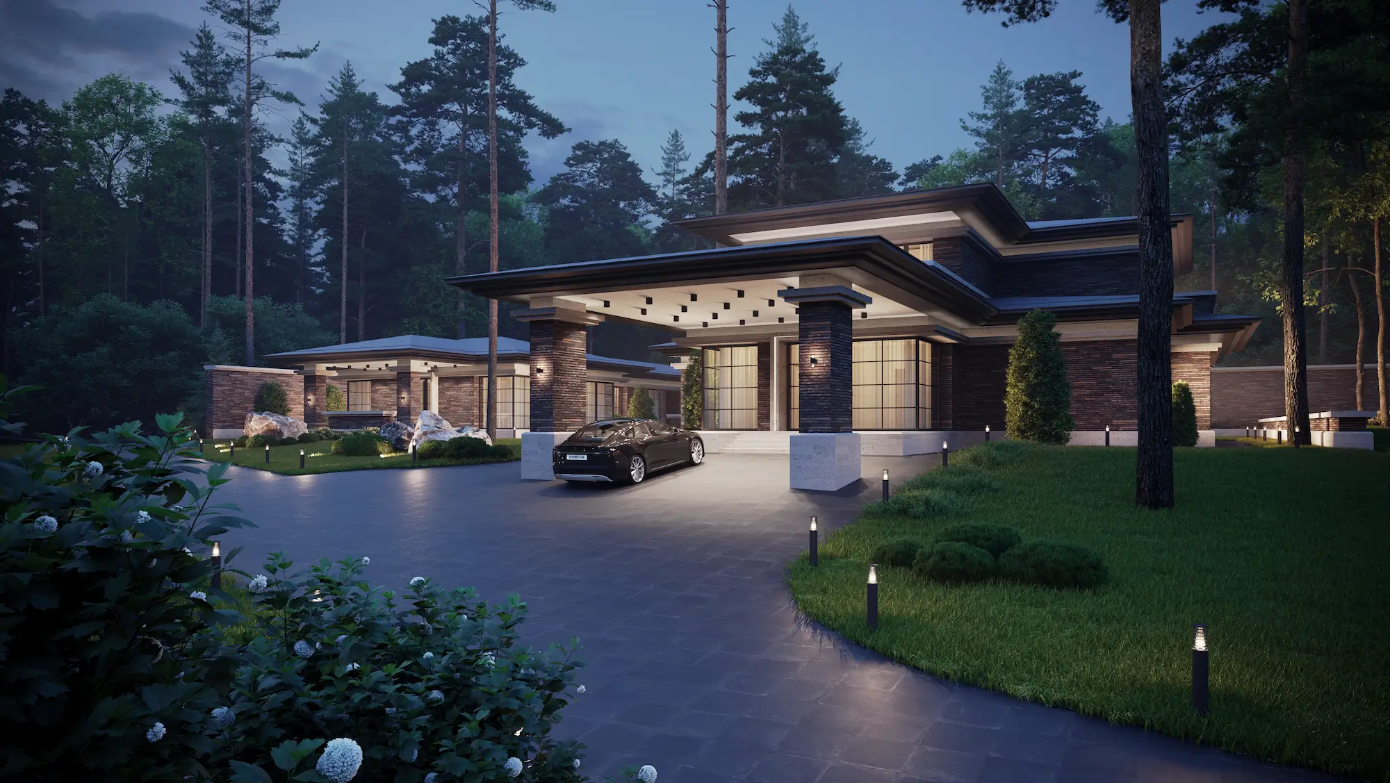 3d virtual tour preview of modern house exterior with landscape design, image by GENENSE