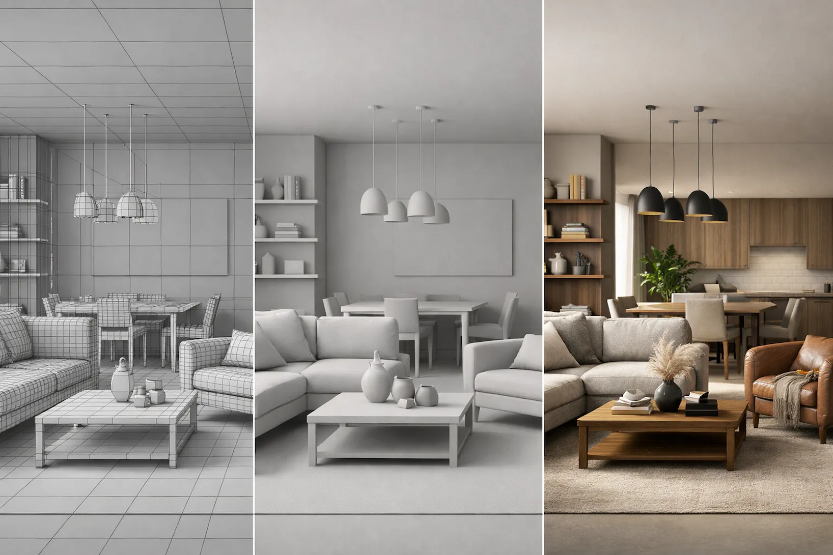 architectural visualization process from wireframe to photorealistic interior render, image by GENENSE