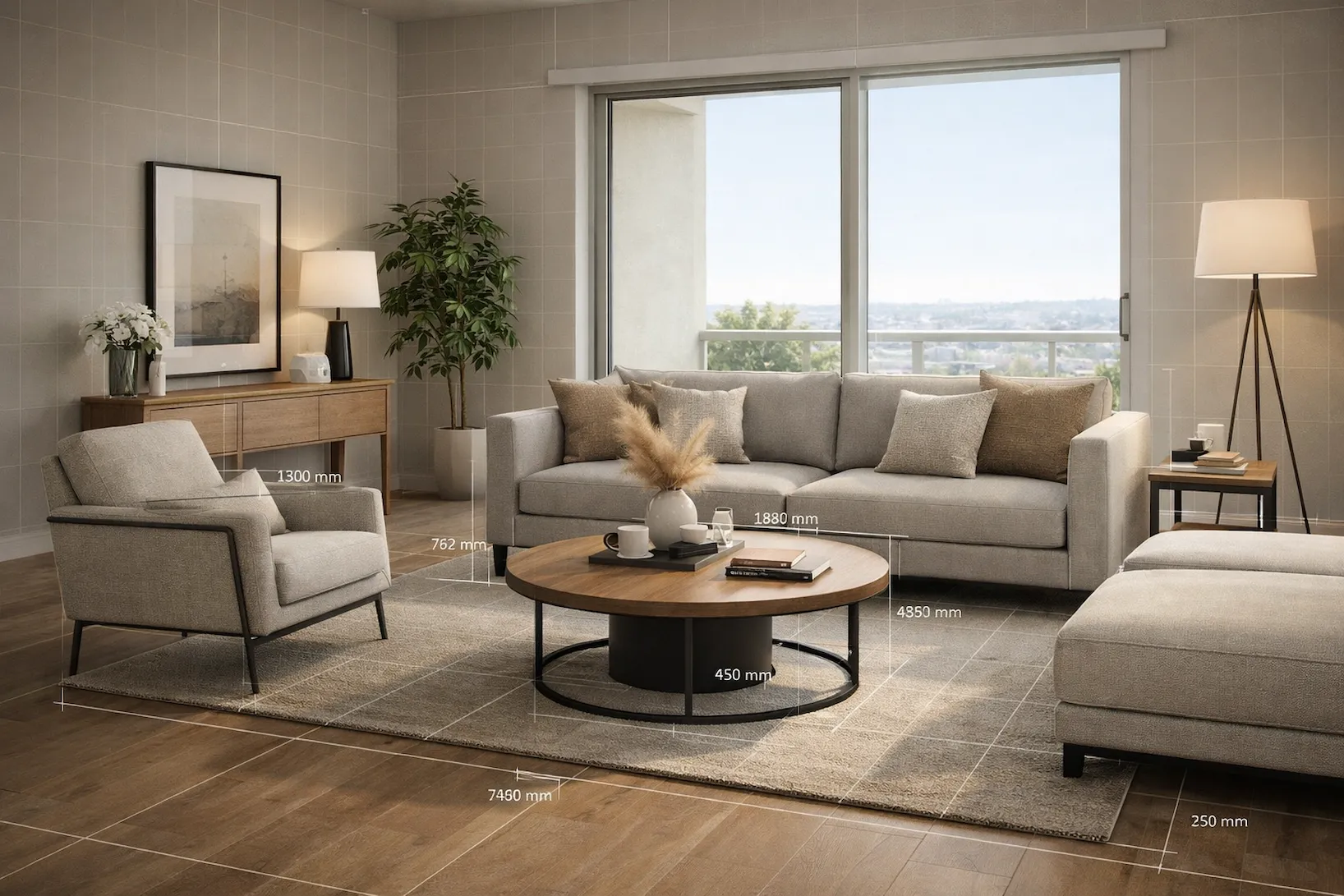 furniture scale and alignment in living room interior with layout measurements, image Genense