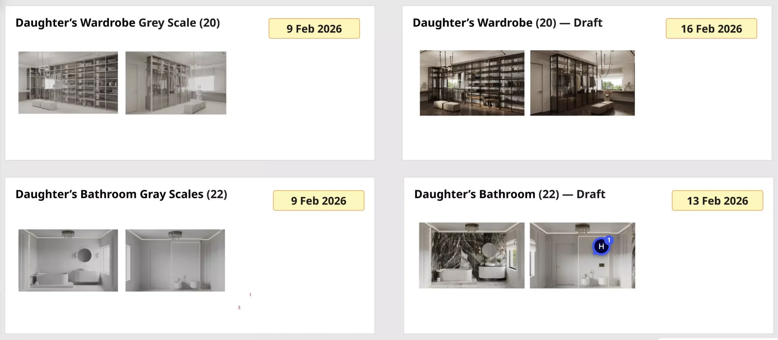 interior visualization drafts and grayscale stages comparison board, image Genense
