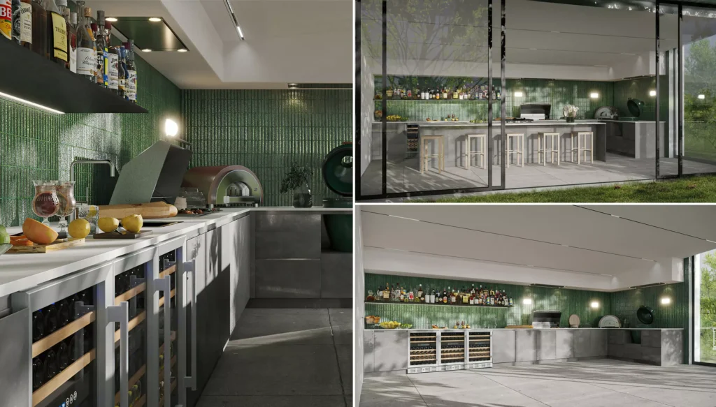 3D garden pavilion rendering with cooking, dining and relaxation zones - HABIT Creative Studio project by GENENSE