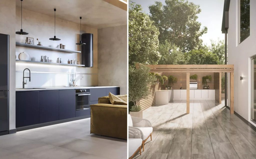 Indoor and outdoor kitchen renderings in London, image by GENENSE