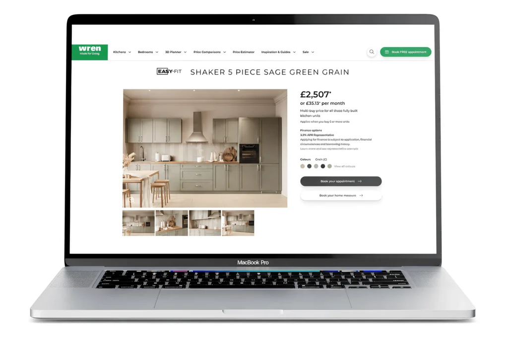 3D kitchen rendering by GENENSE published on Wren Kitchens product page, image by GENENSE